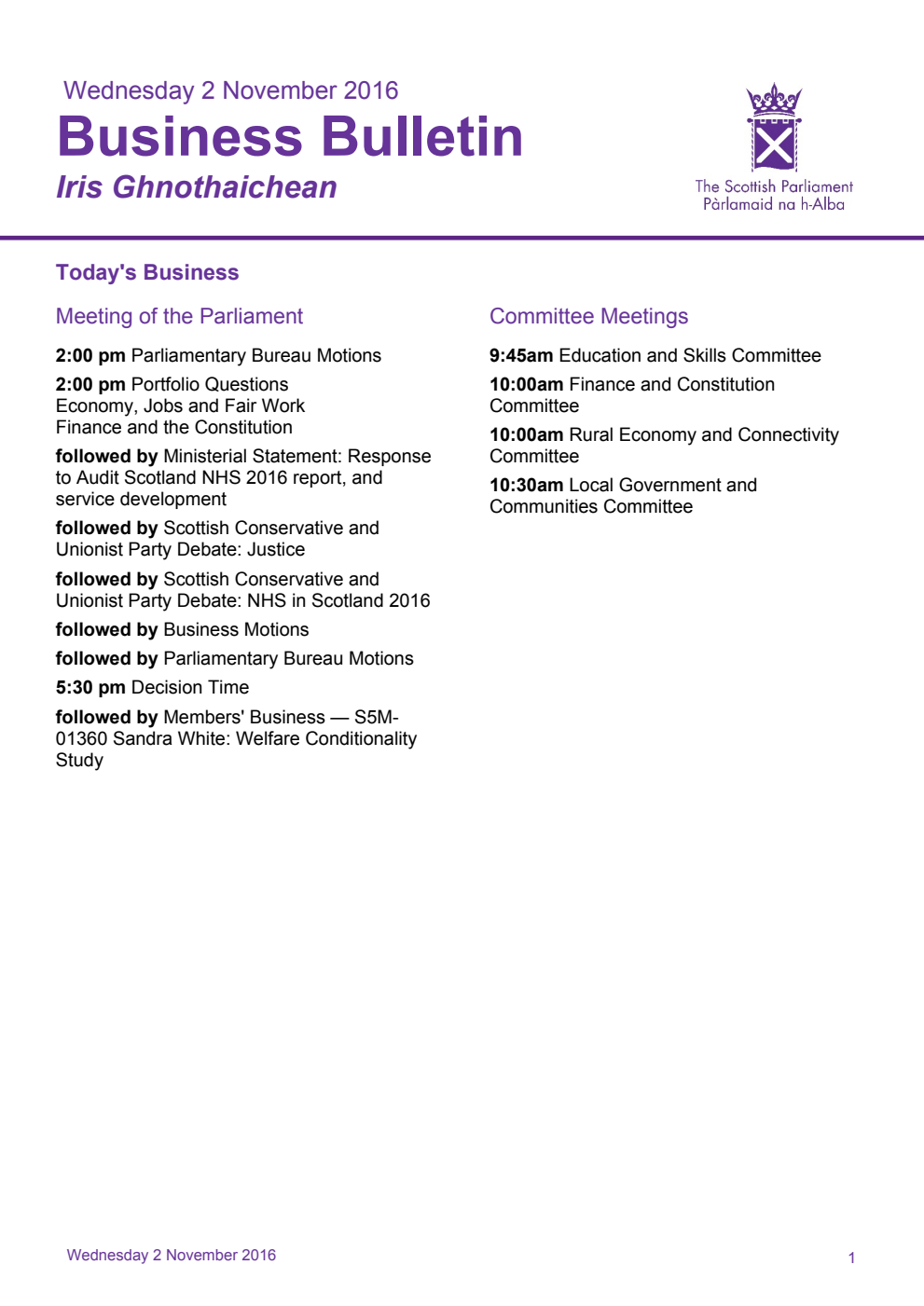 Business Bulletin, Wednesday 2nd November 2016