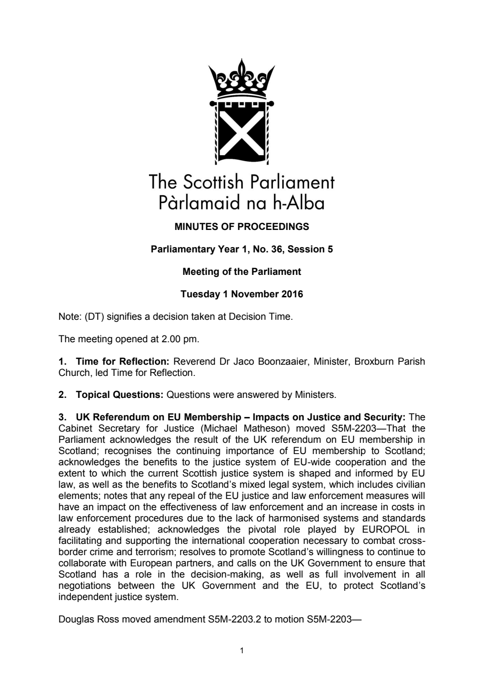 Minutes of Proceedings 1 November 2016 Vol. 1, No. 36 Session 5