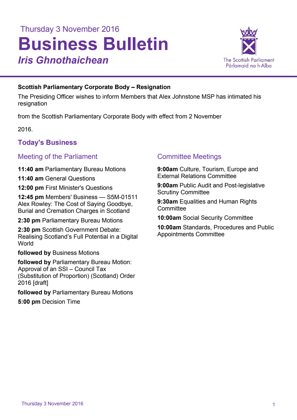 Business Bulletin, Thursday 3rd November 2016