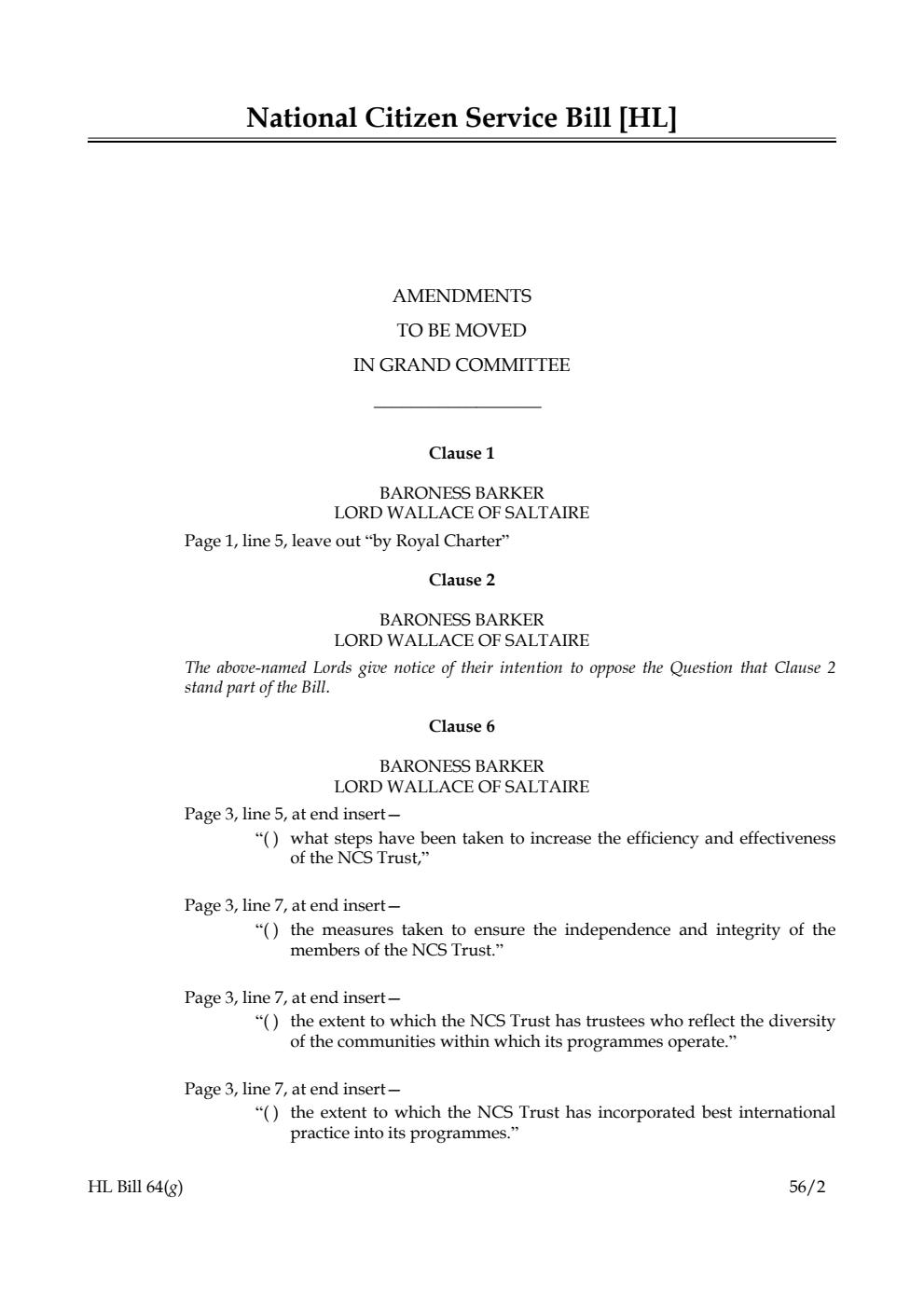 National Citizen Service Bill Lords Amendments