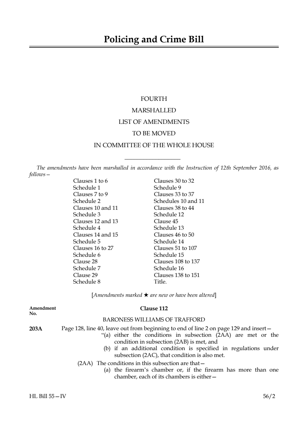 Policing and Crime Bill Lords Amendments 4th Marshalled List