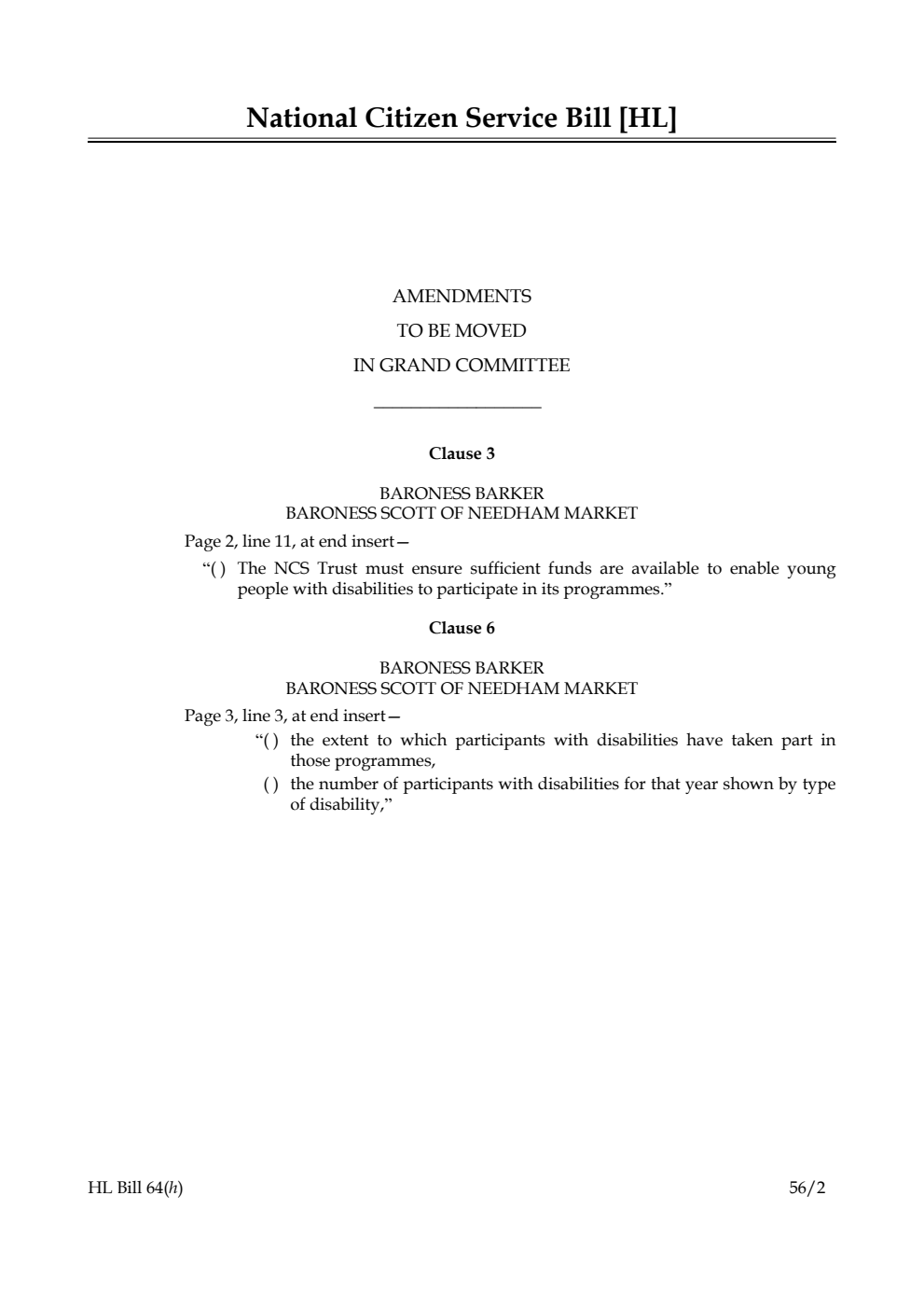 National Citizen Service Bill Lords Amendments