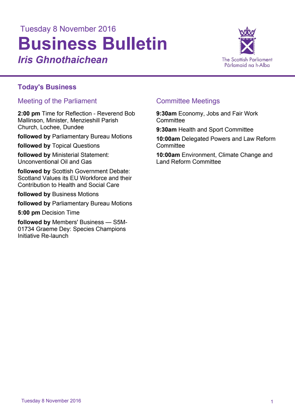 Business Bulletin, Tuesday 8th November 2016