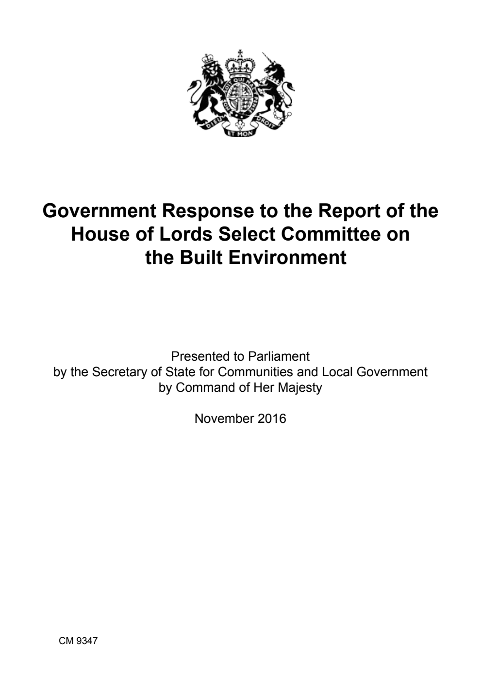 Government Response to the Report of the House of Lords Select Committee on the Built Environment