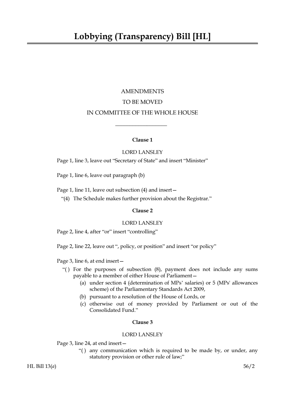 Lobbying (Transparency) Bill Lords Amendments