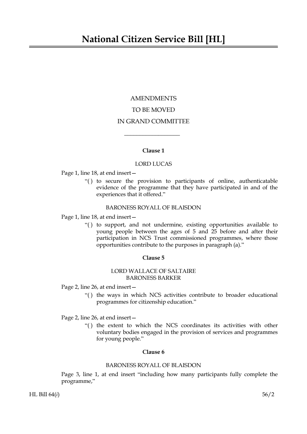 National Citizen Service Bill Lords Amendments