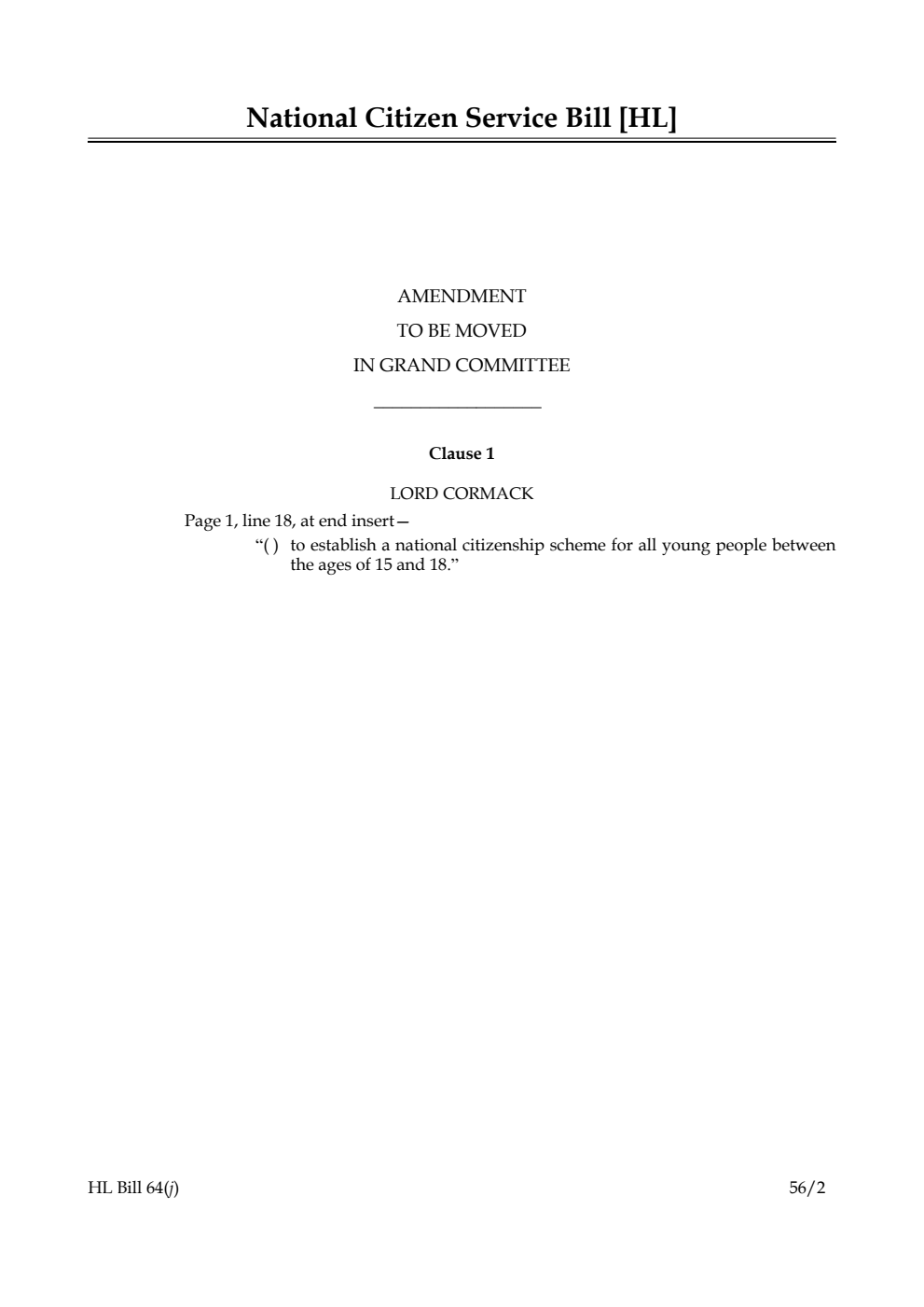 National Citizen Service Bill Lords Amendments