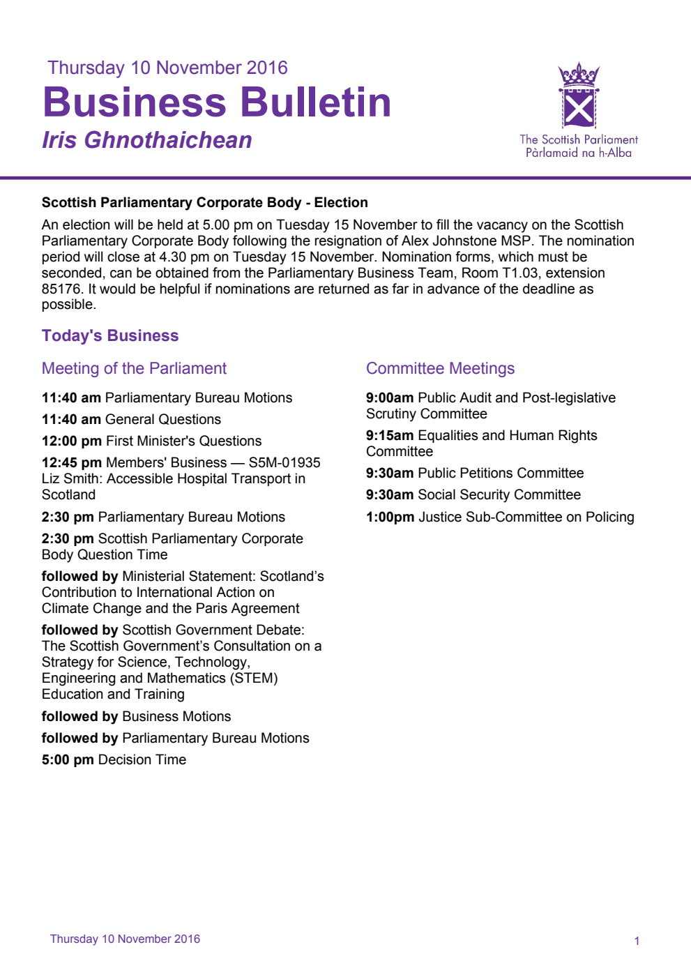 Business Bulletin, Thursday 10th November 2016