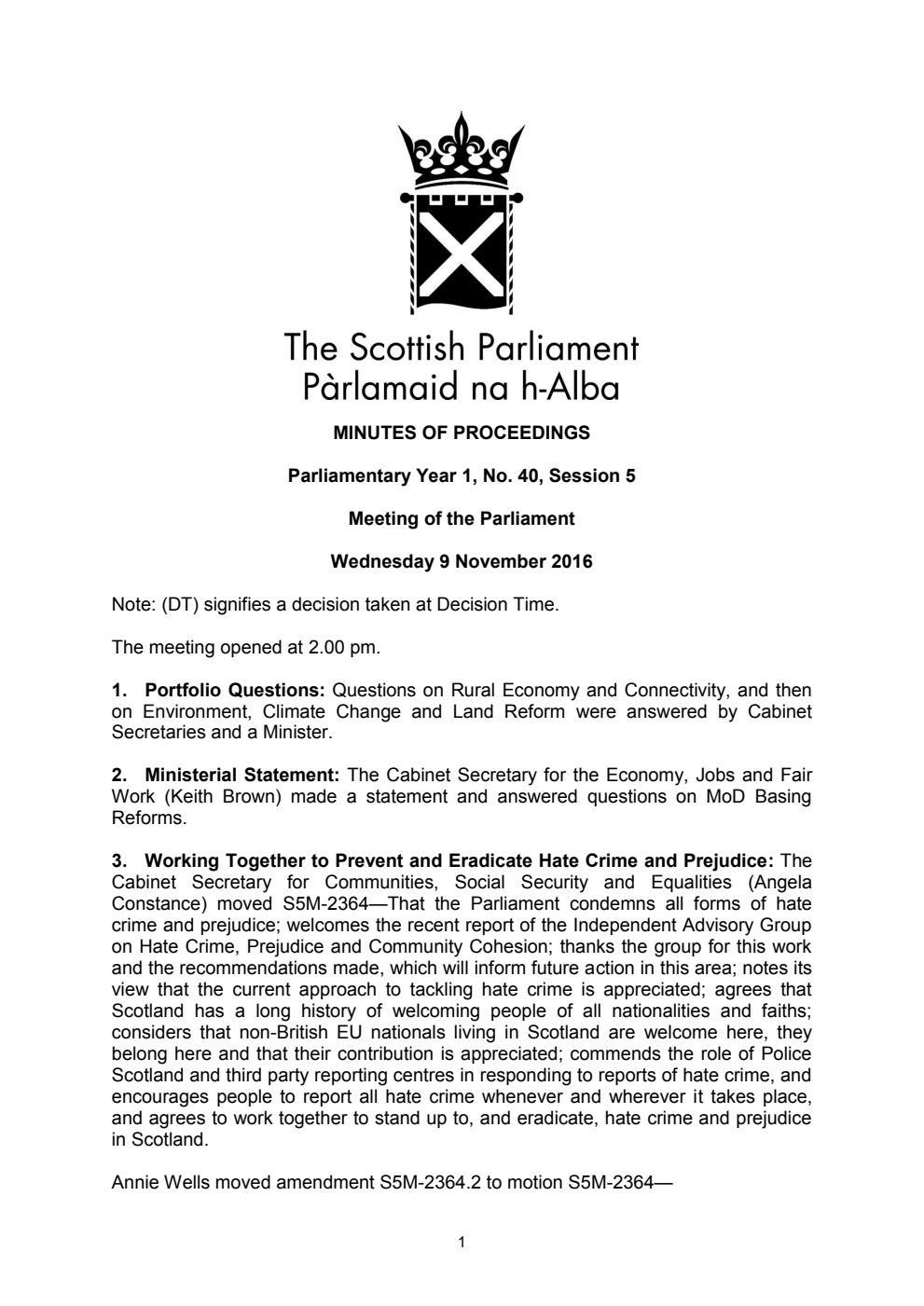 Minutes of Proceedings 9 November 2016 Vol. 1, No. 40 Session 5