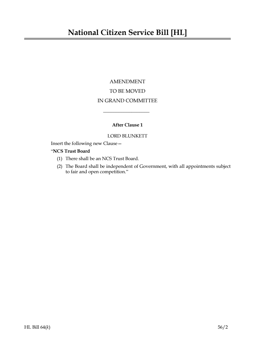 National Citizen Service Bill Lords Amendments