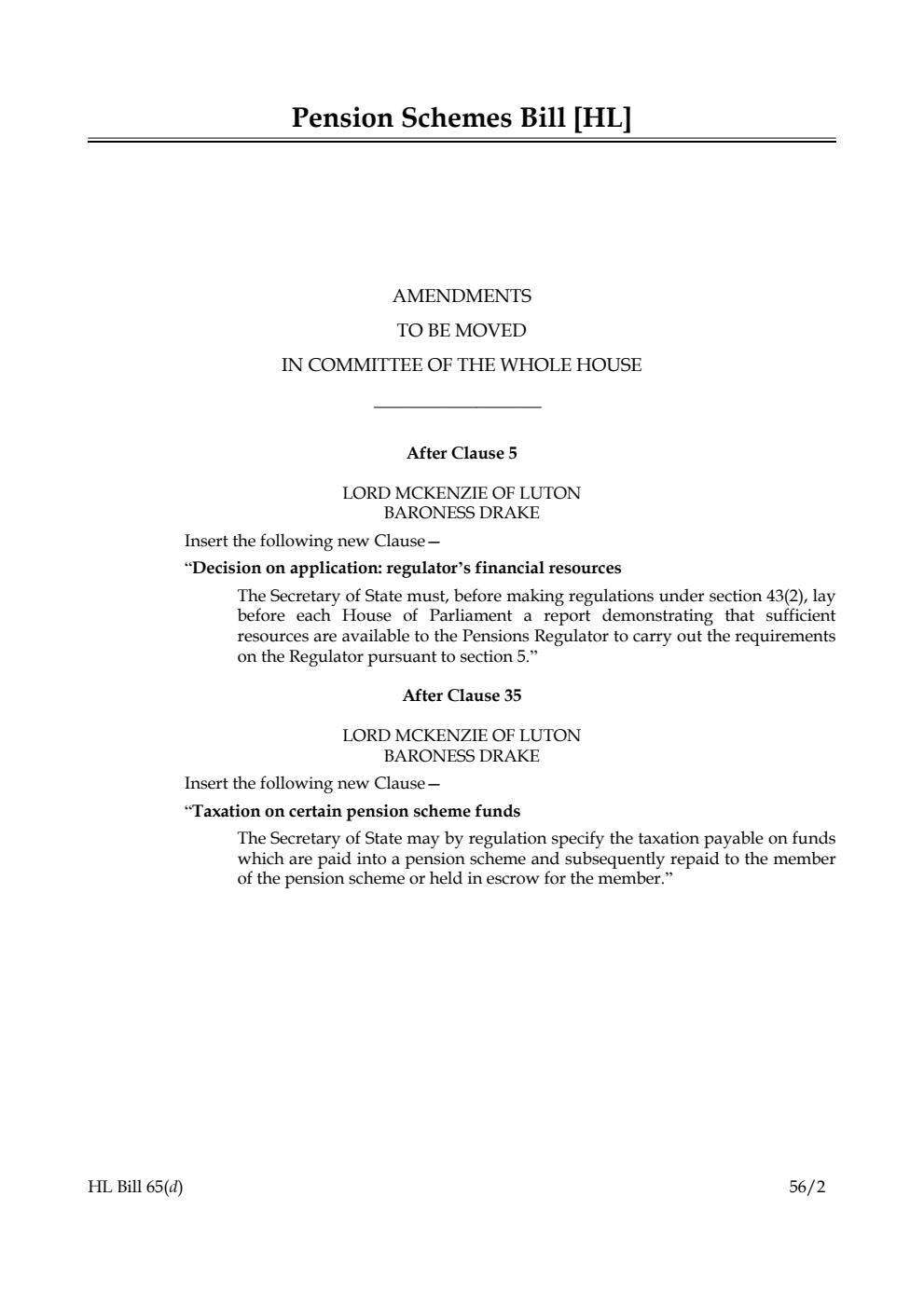 Pension Schemes Bill Lords Amendments