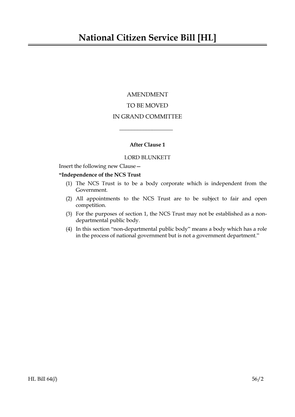 National Citizen Service Bill Lords Amendments