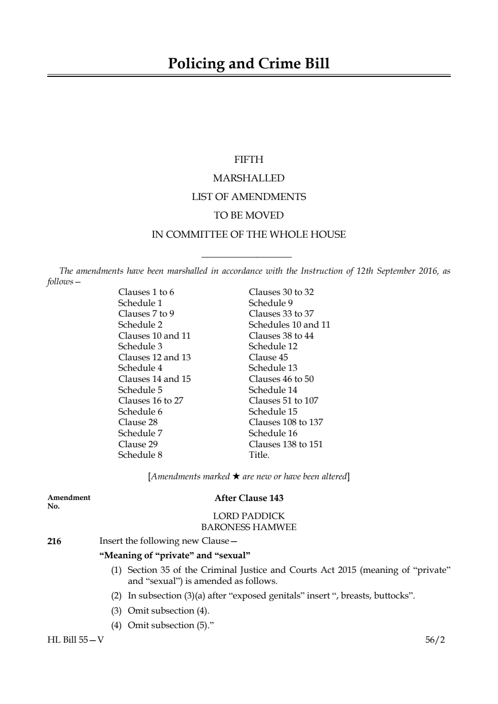Policing and Crime Bill Lords Amendments 5th Marshalled List