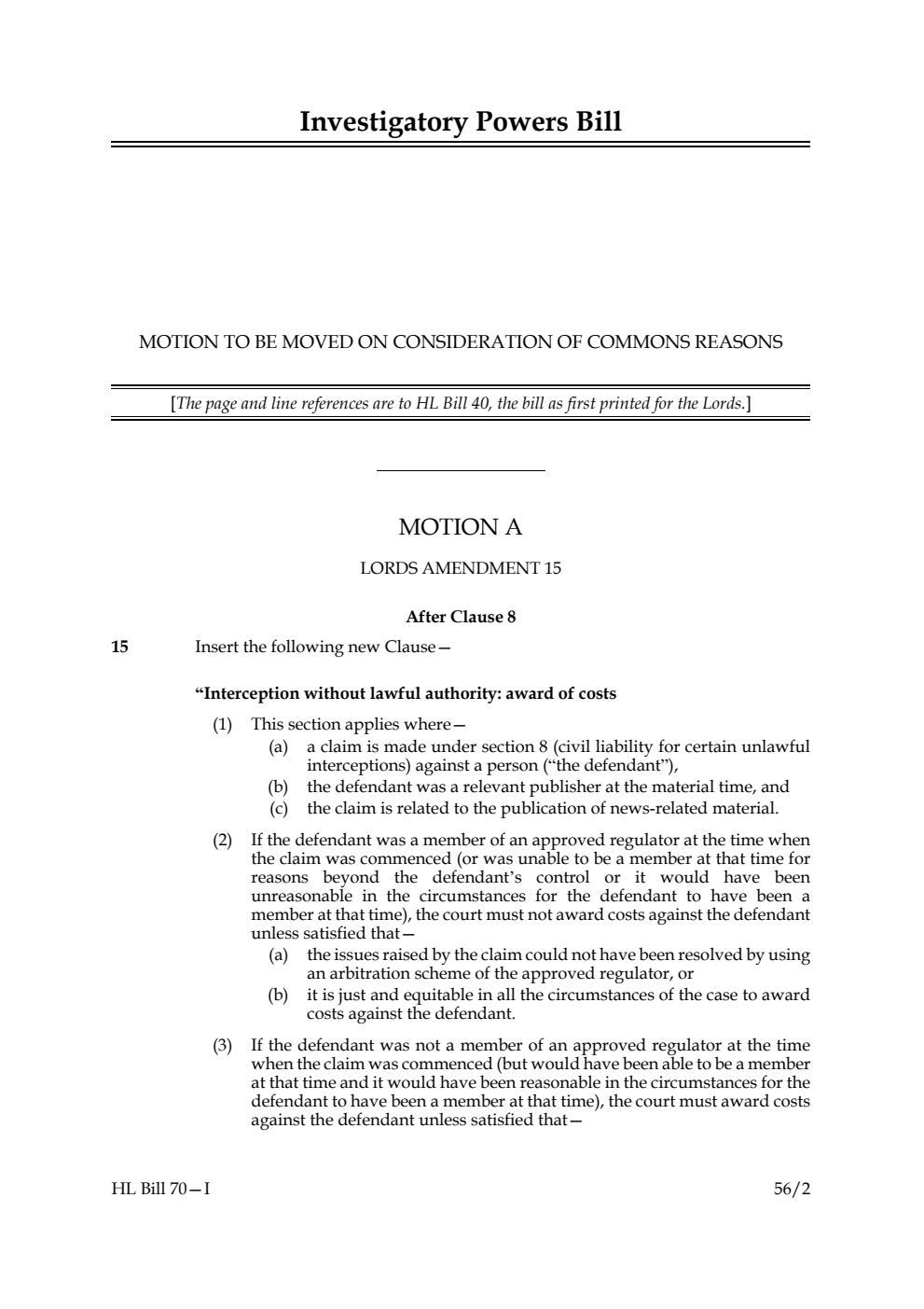 Investigatory Powers Bill Motion to be moved on consideration of Commons reasons