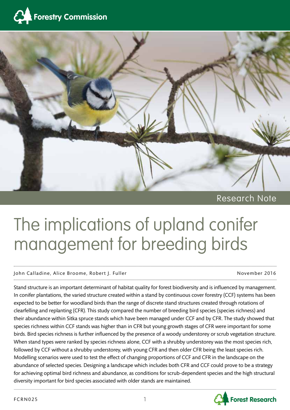 Forestry Commission Research Note 025 The implications of upland conifer management for breeding birds