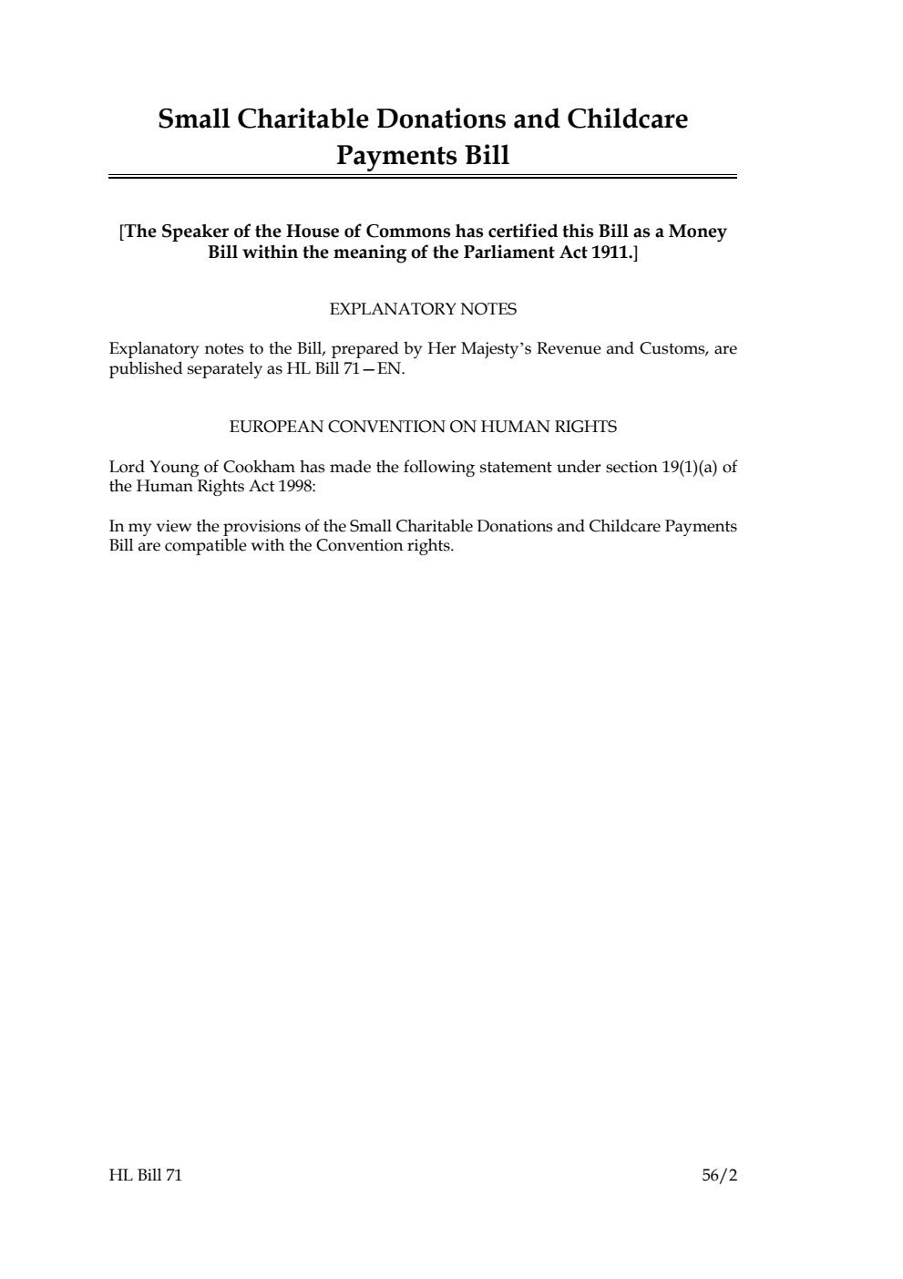 Small Charitable Donations and Childcare Payments Bill