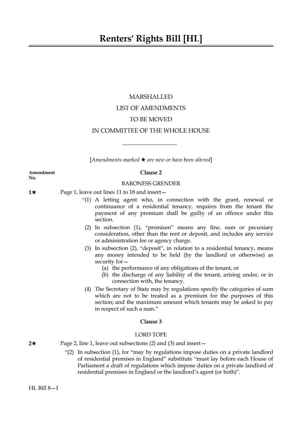 Renters' Rights Bill Lords Amendments 1st Marshalled List
