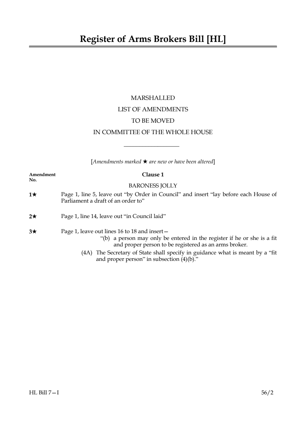 Register of Arms Brokers Bill Lords Amendments 1st Marshalled List
