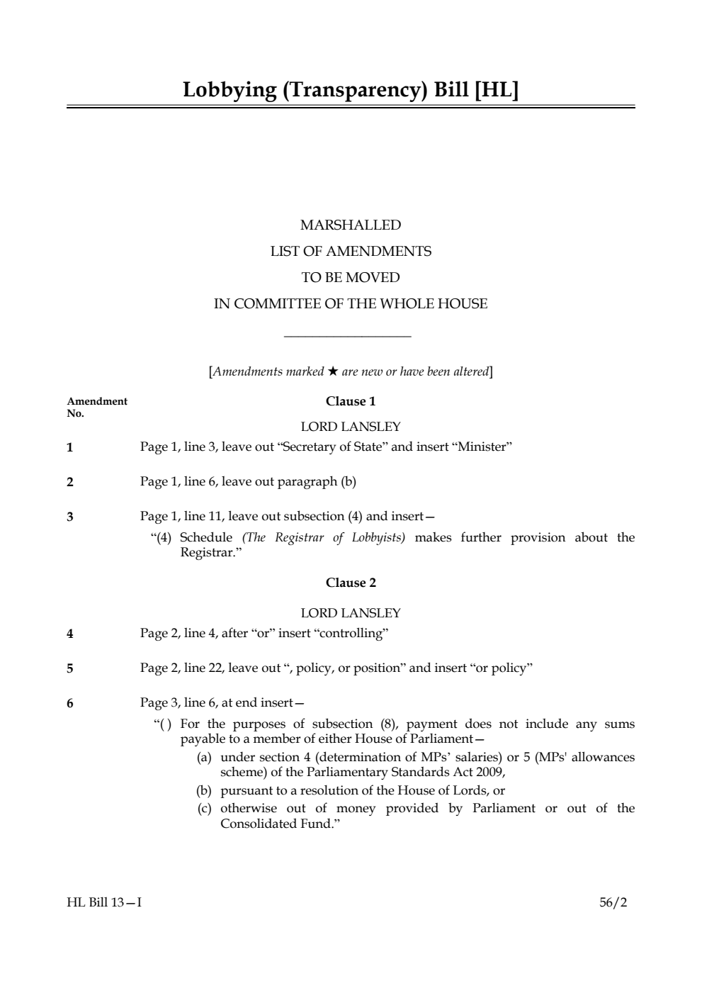 Lobbying (Transparency) Bill Lords Amendments 1st Marshalled List