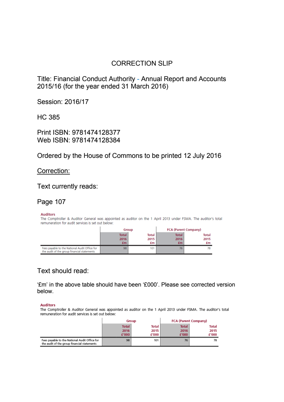 Financial Conduct Authority Annual Report and Accounts 2015/16 (for the year ended 31 March 2016) Correction Slip, November 2016