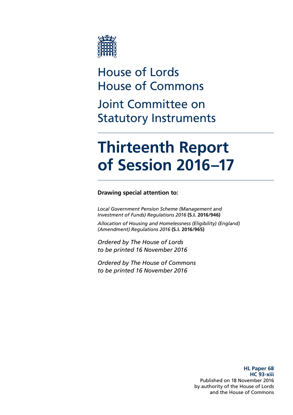 Statutory Instruments Joint Committee 13th Report of Session 2016-17