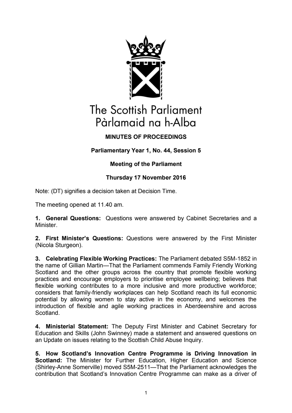 Minutes of Proceedings 17 November 2016 Vol. 1, No. 44 Session 5