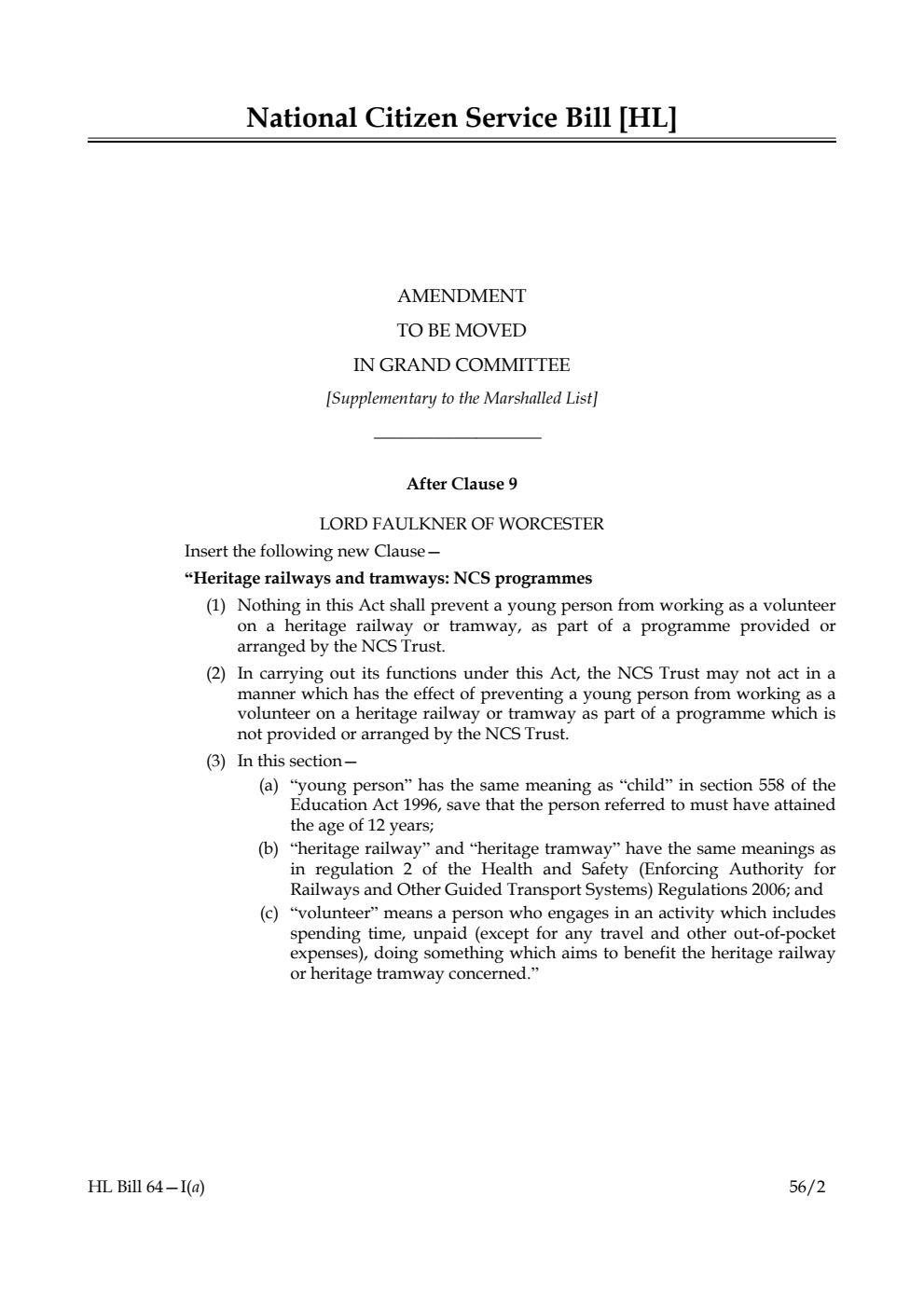 National Citizen Service Bill Lords Amendments
