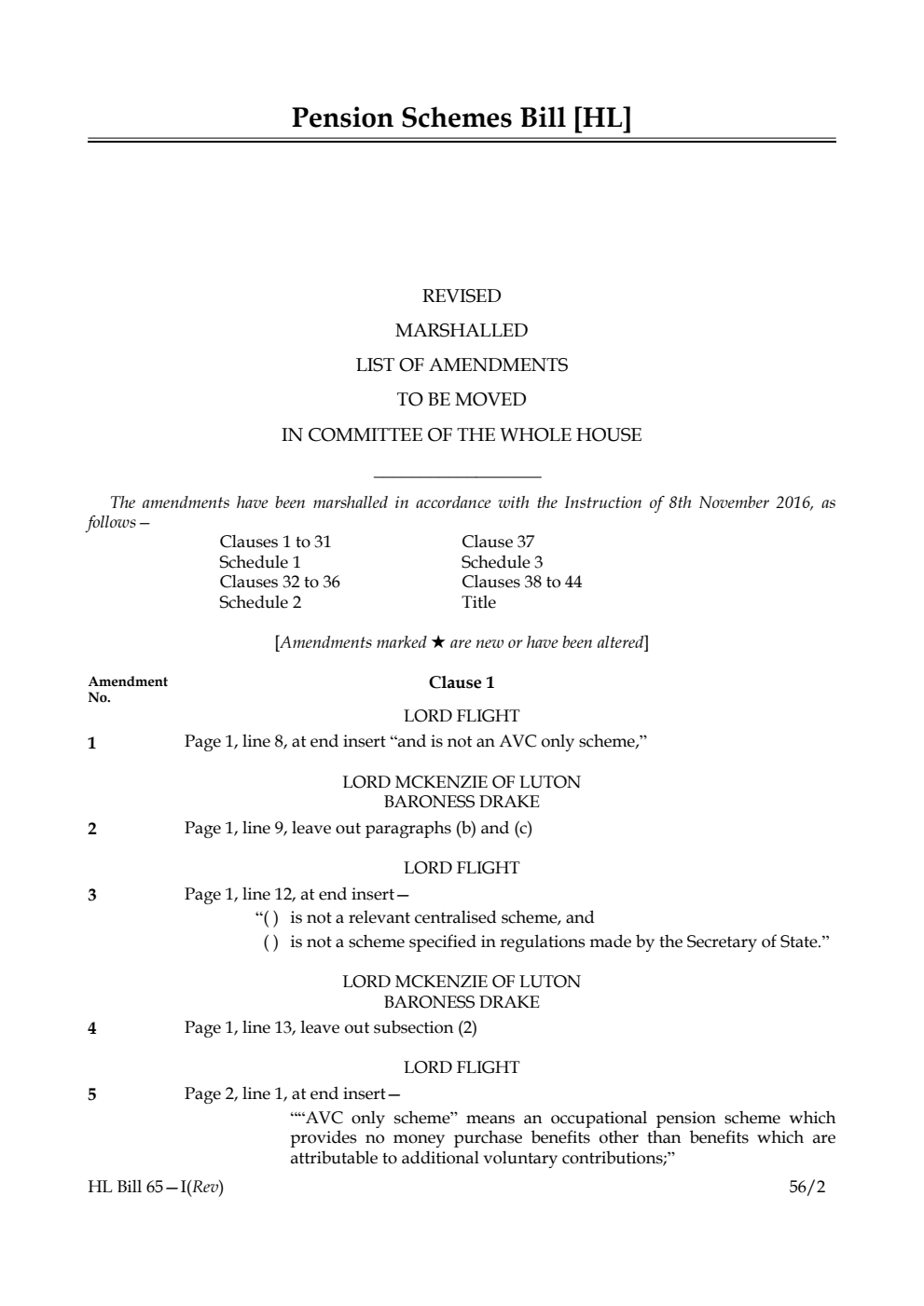 Pension Schemes Bill Lords Amendments Revised 1st Marshalled List