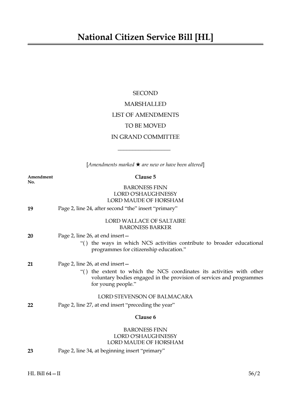 National Citizen Service Bill Lords Amendments 2nd Marshalled List