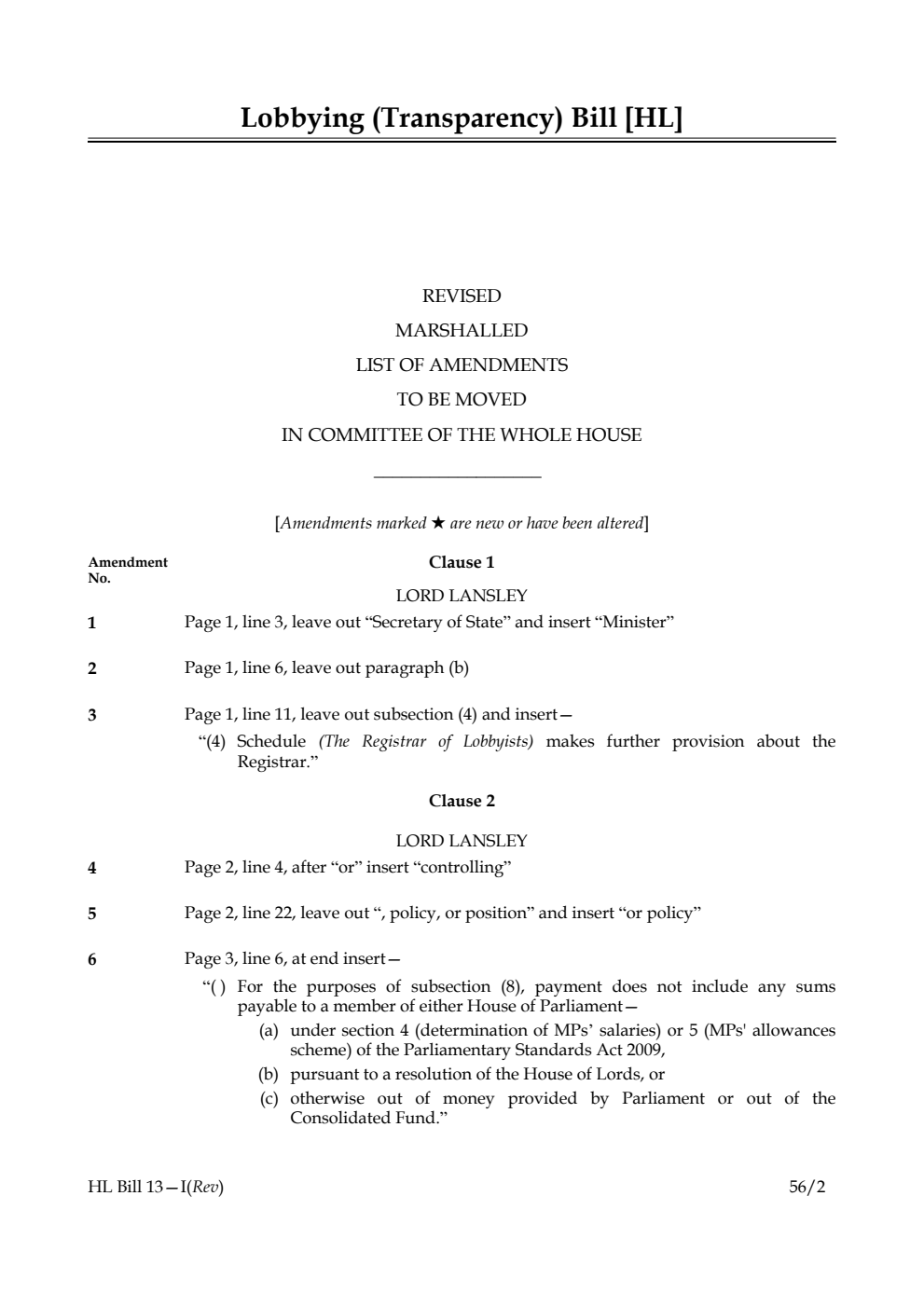 Lobbying (Transparency) Bill Lords Amendments Revised 1st Marshalled List