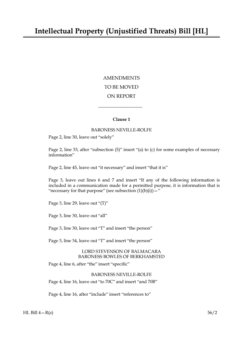 Intellectual Property (Unjustified Threats) Bill Lords Amendments