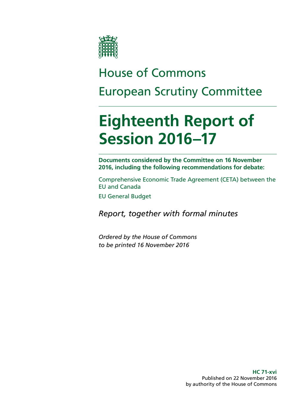 European Scrutiny Committee 18th Report of Session 2016-17