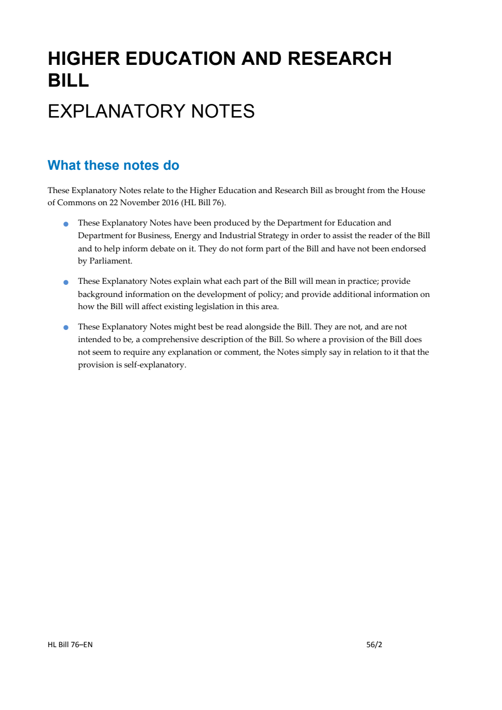Higher Education and Research Bill Explanatory Notes