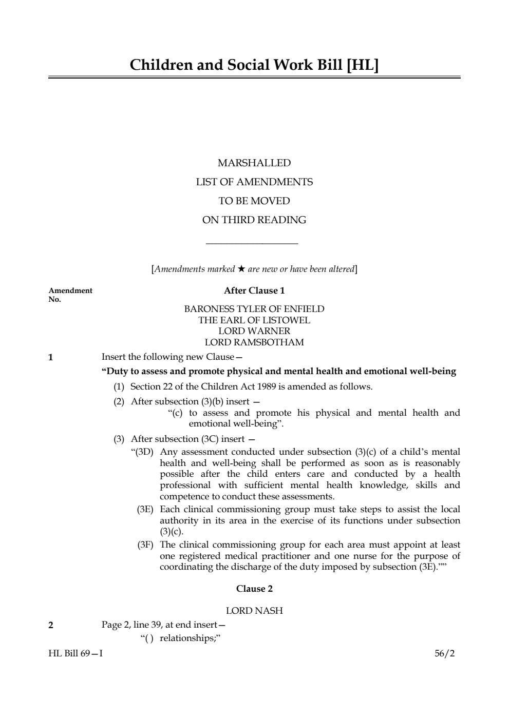 Children and Social Work Bill Lords Amendments 1st Marshalled List