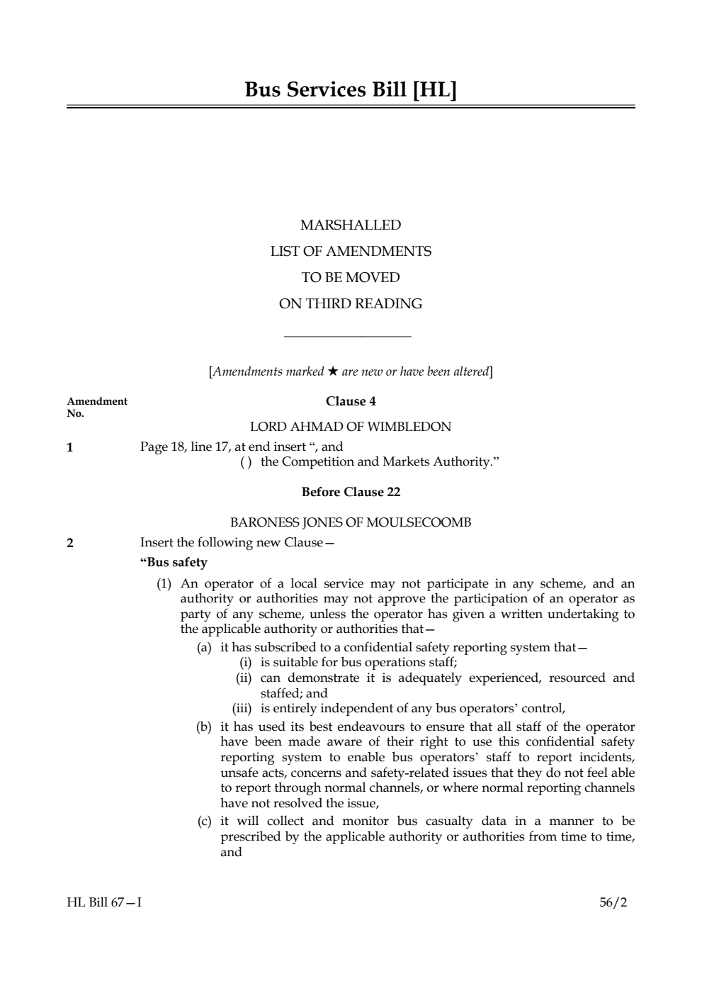 Bus Services Bill Lords Amendments 1st Marshalled List