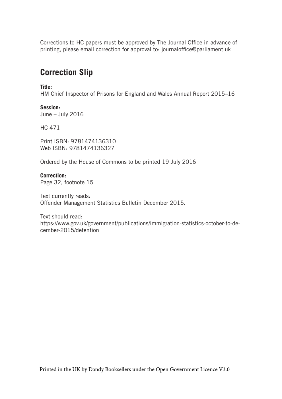 HM Chief Inspector of Prisons for England and Wales Annual Report 2015-16 Correction Slip