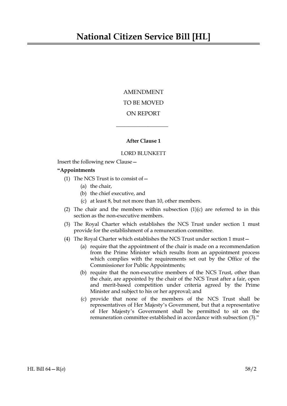 National Citizen Service Bill Lords Amendments