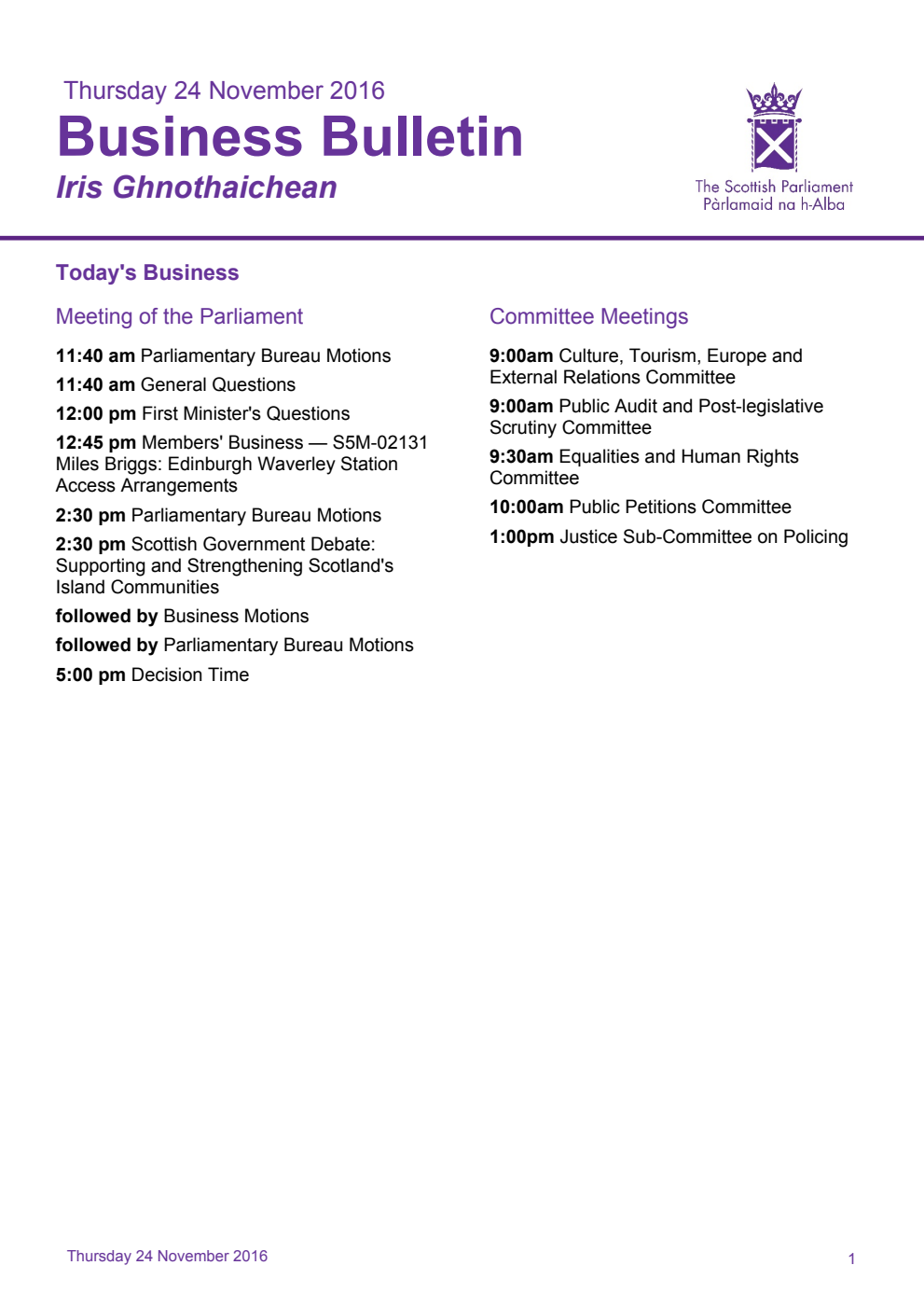 Business Bulletin, Thursday 24th November 2016