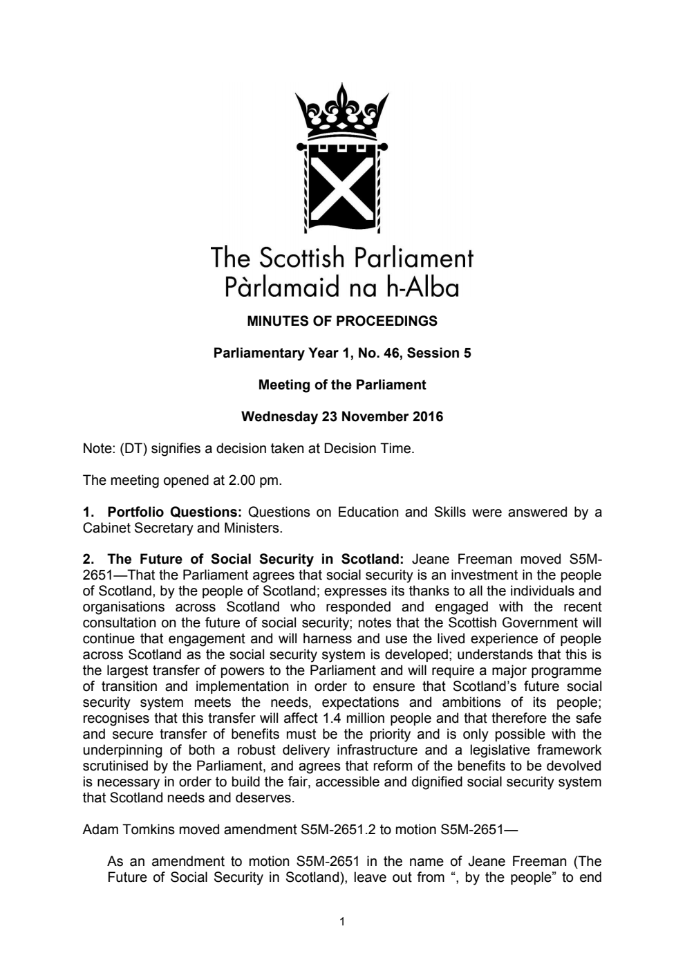 Minutes of Proceedings 23 November 2016 Vol. 1, No. 46 Session 5