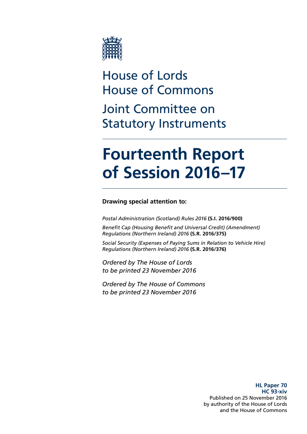 Statutory Instruments Joint Committee 14th Report of Session 2016-17
