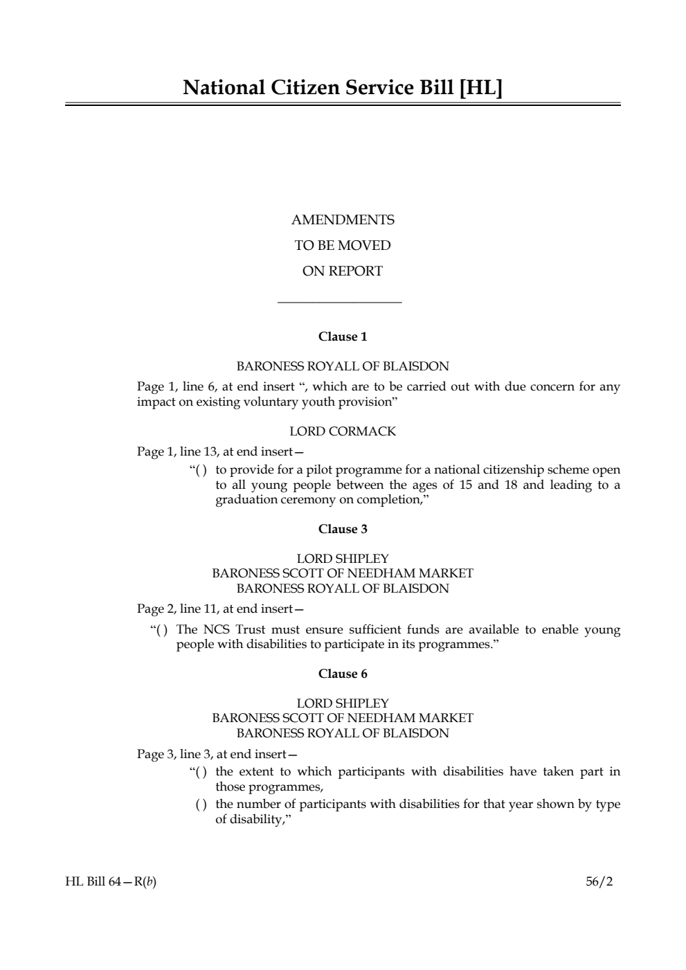 National Citizen Service Bill Lords Amendments