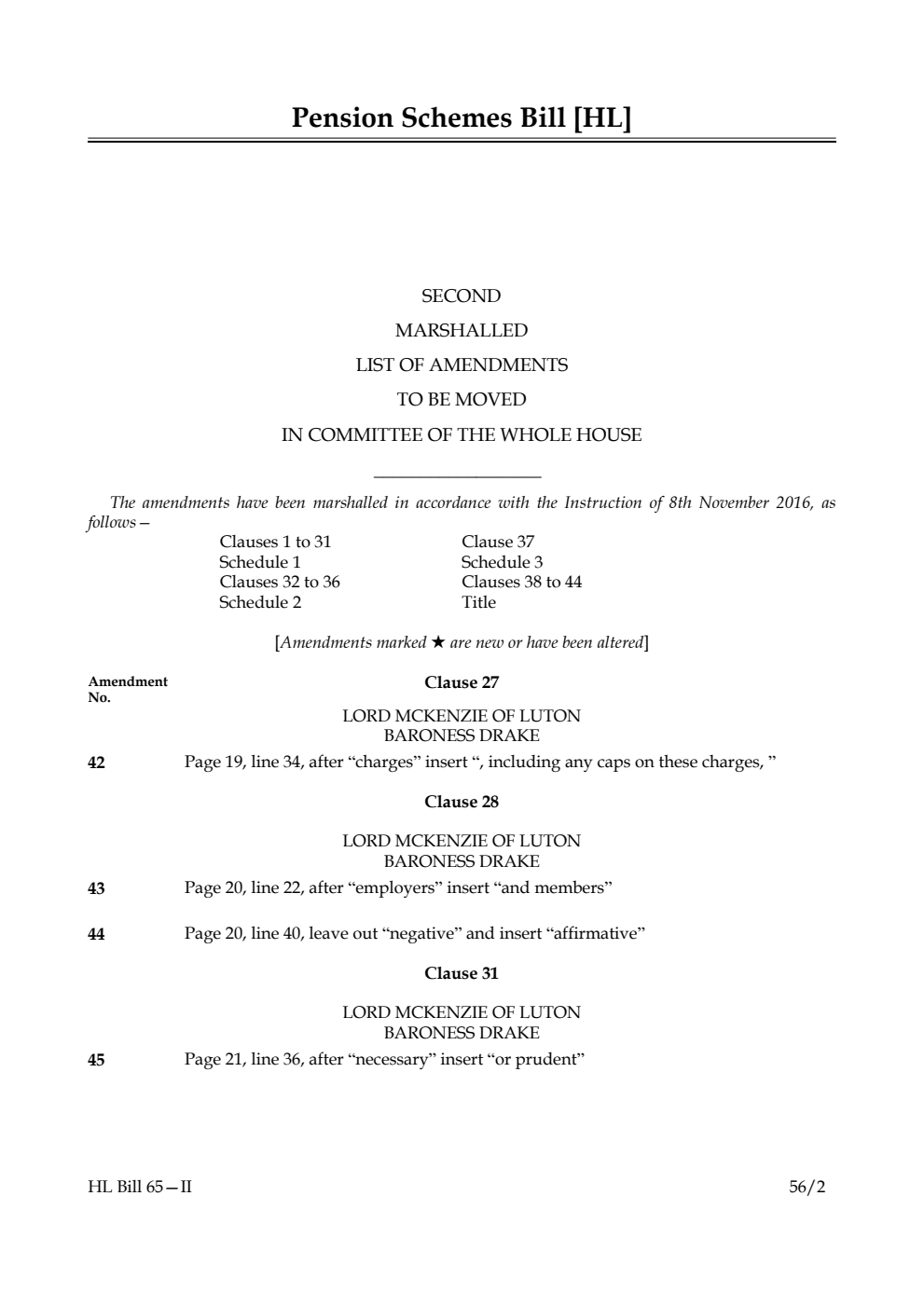Pension Schemes Bill Lords Amendments 2nd Marshalled List