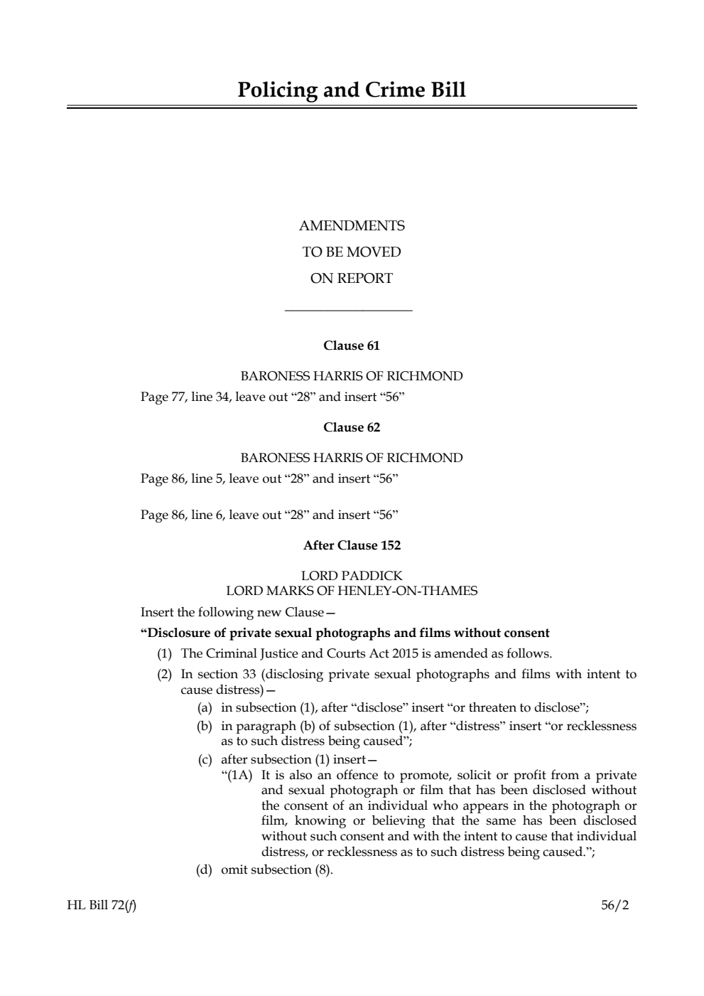 Policing and Crime Bill Lords Amendments