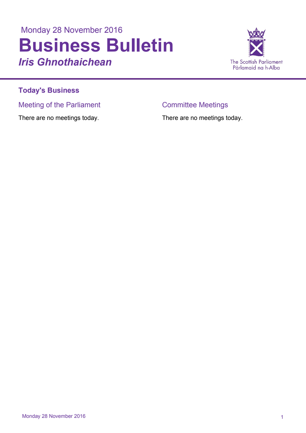 Business Bulletin, Monday 28th November 2016