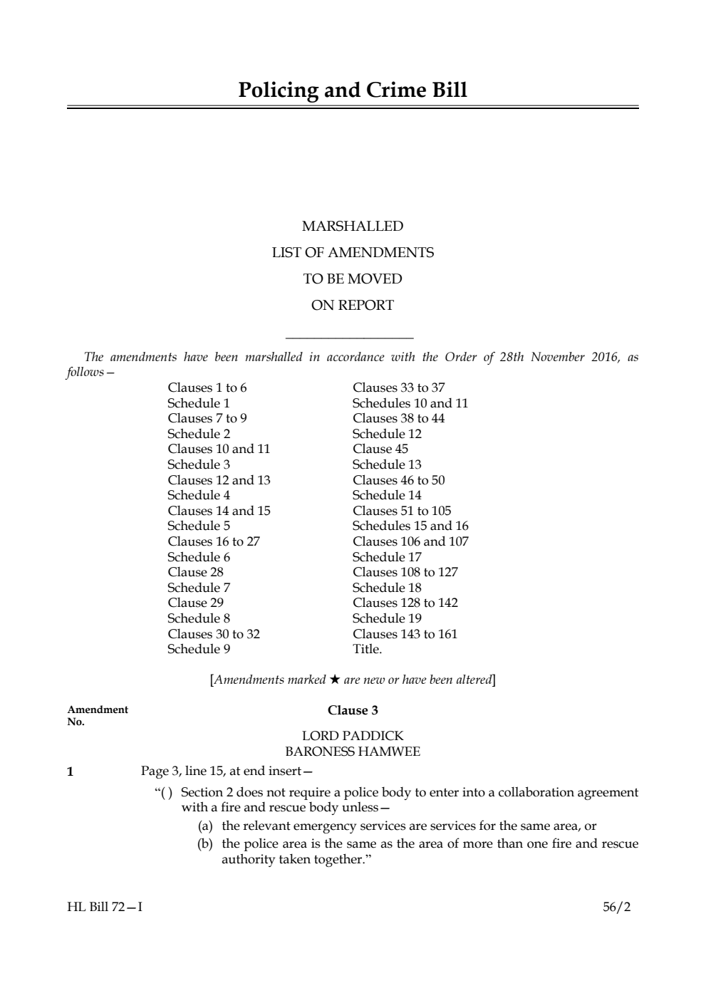 Policing and Crime Bill Lords Amendments 1st Marshalled List