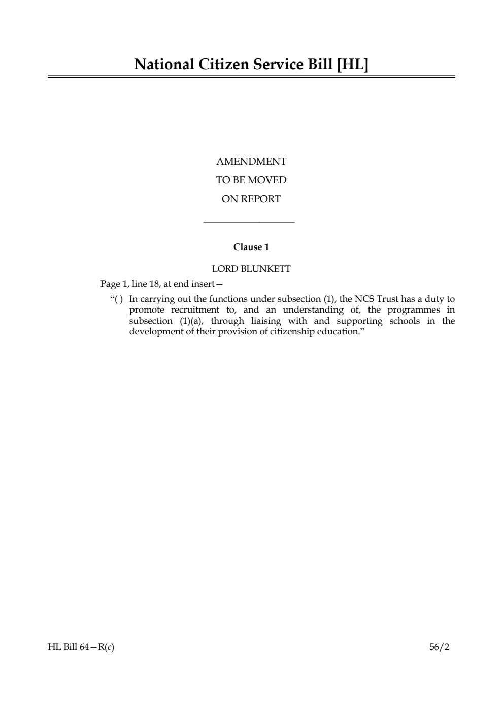 National Citizen Service Bill Lords Amendments