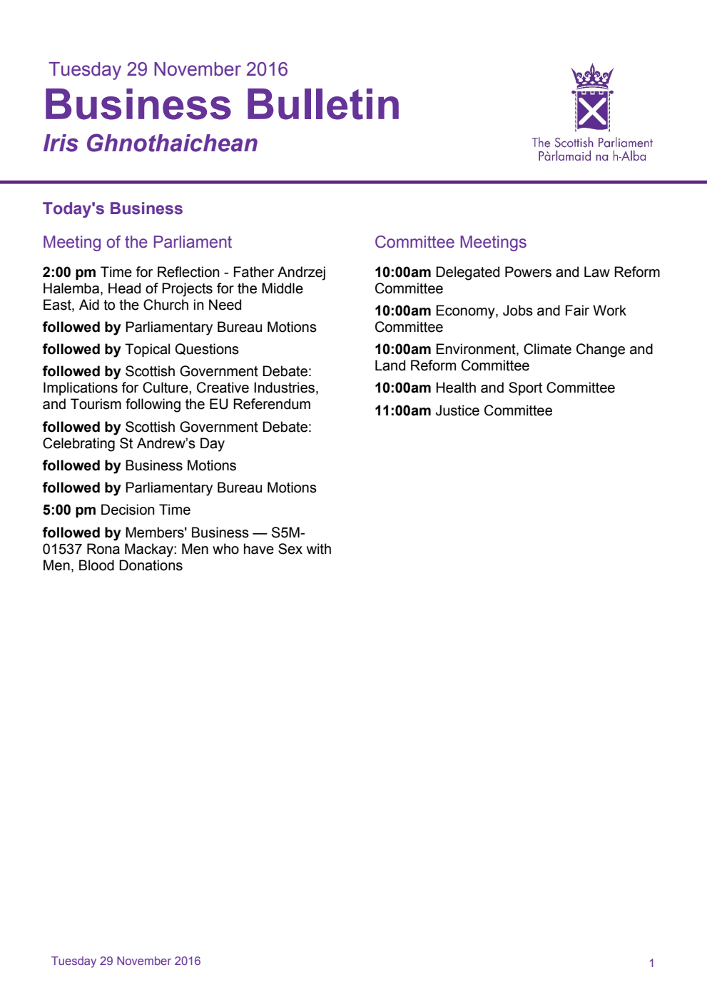 Business Bulletin, Tuesday 29th November 2016