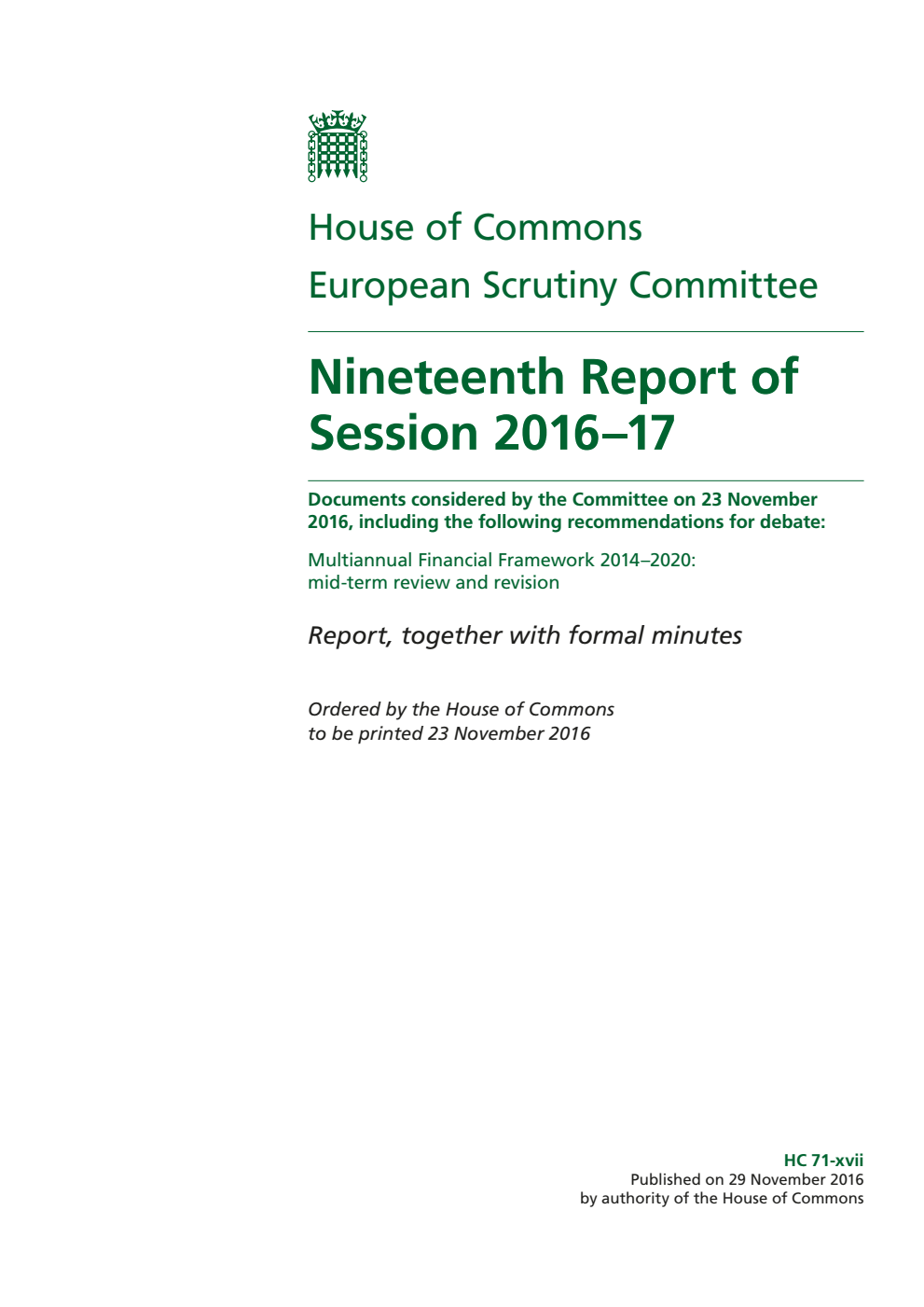 European Scrutiny Committee 19th Report of Session 2016-17