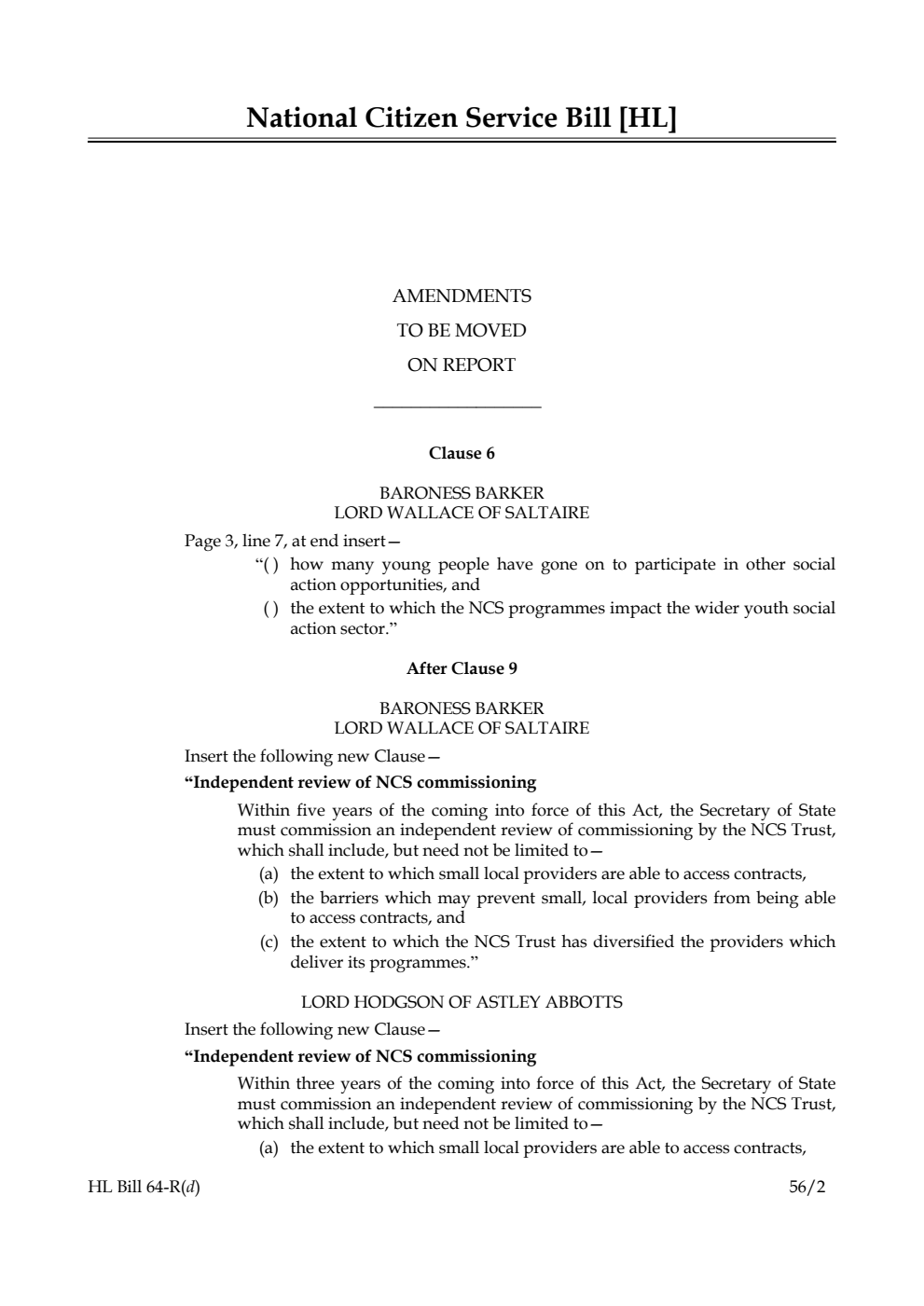 National Citizen Service Bill Lords Amendments