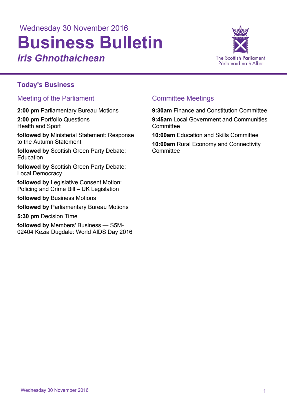 Business Bulletin, Wednesday 30th November 2016